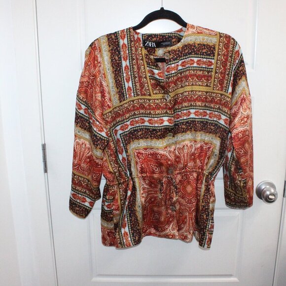 Zara Paisley Print Button Down Blouse with waist tie Size XS - Picture 1 of 3